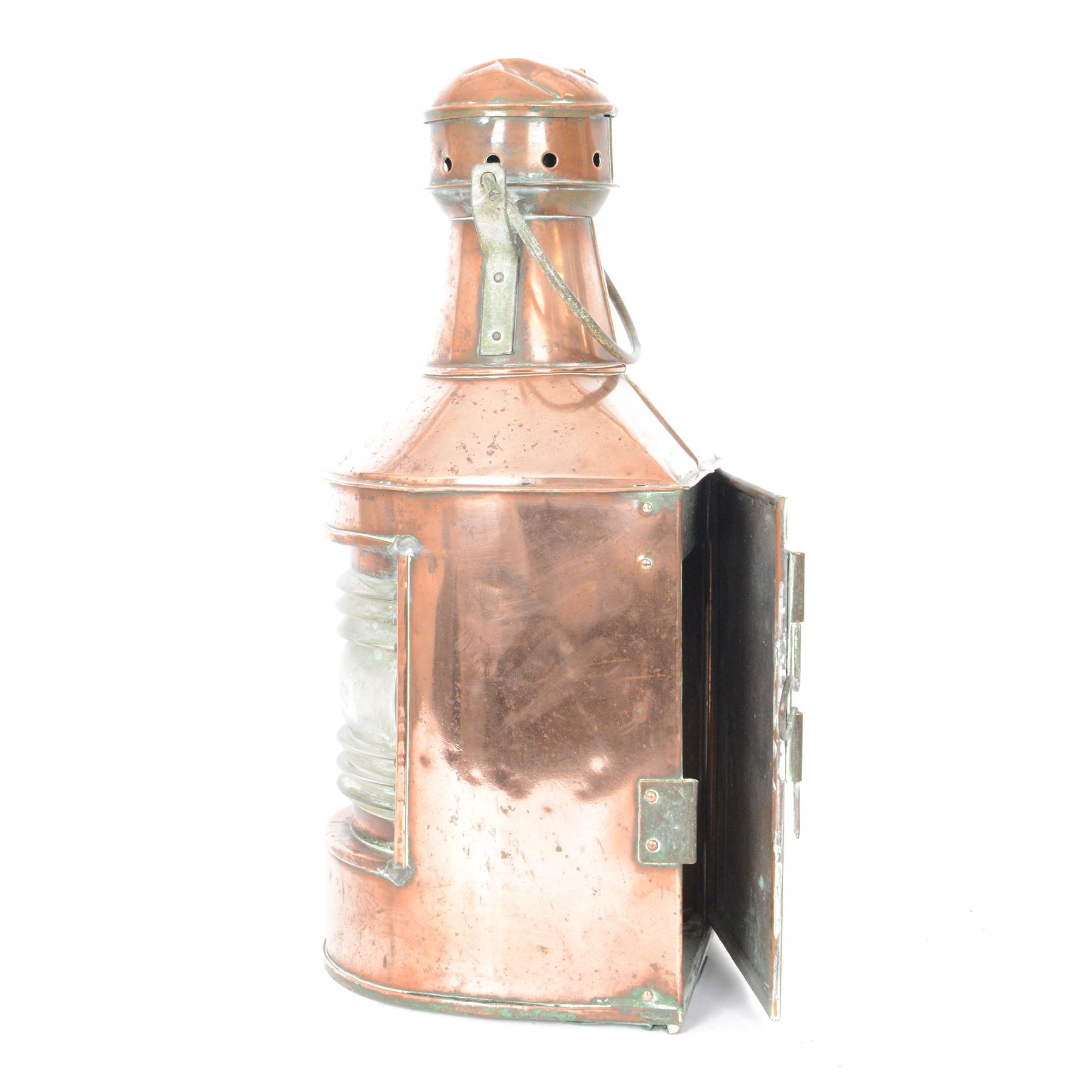 Early 20th century copper ships lantern, with curved and ribbed clear glass panel and swing handle, H55cm