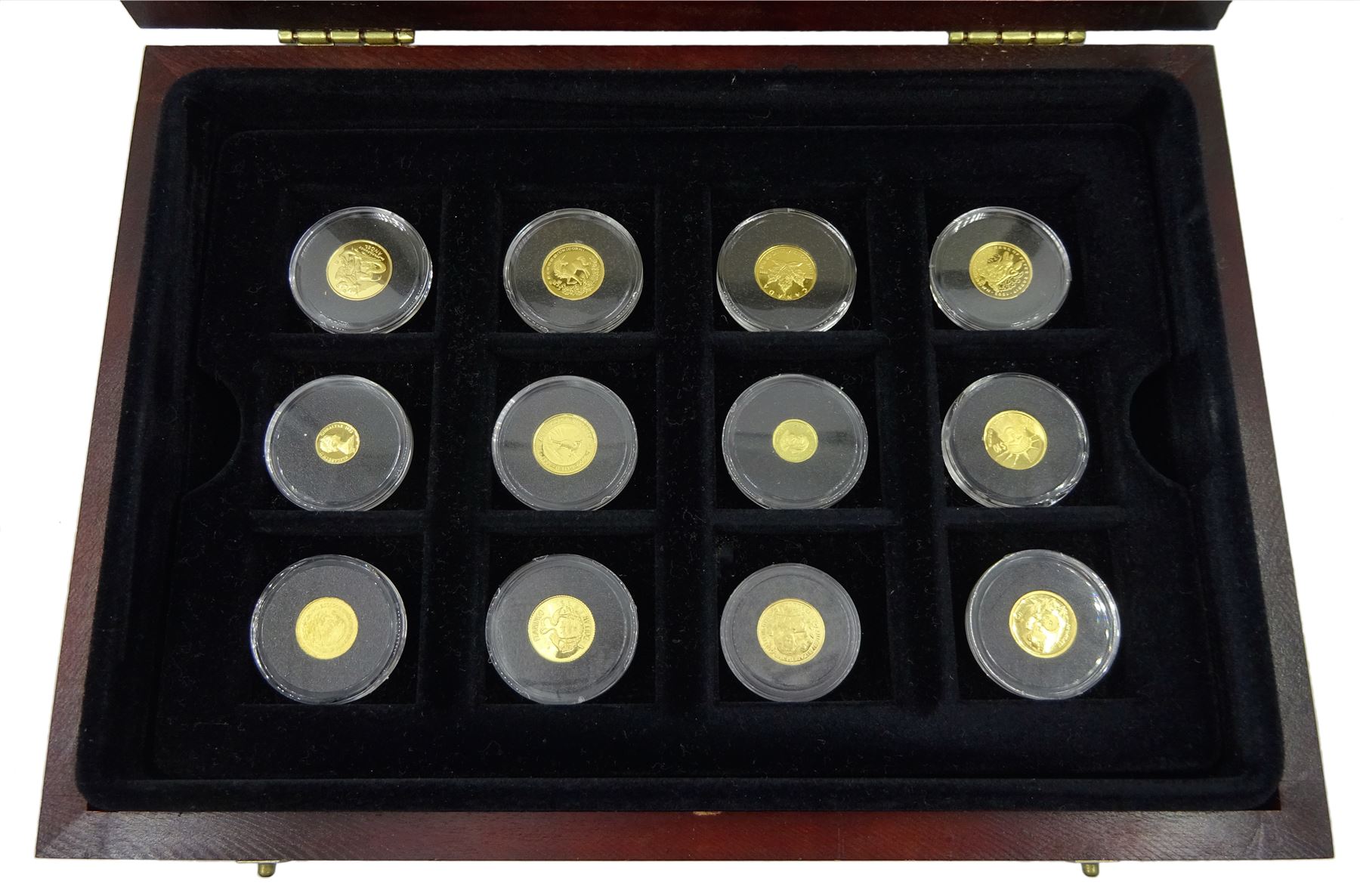 Fifteen gold coins from 'The Smallest Gold Coins of the World Collection', including Isle of Man 1989 1/25 ounce crown, Australia 1991 1/20 ounce five dollars, China 1995 1/20 ounce panda etc