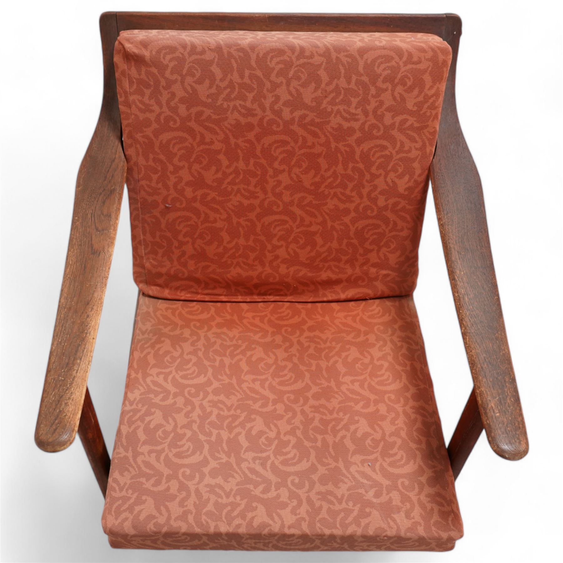  Arne Hovmand-Olsen (1919-1989) for Mogens Kold of Denmark - pair of mid-20th century teak open easy chairs, sprung loose cushions upholstered in loose foliate patterned burnt orange fabric, stamped to underside of chair