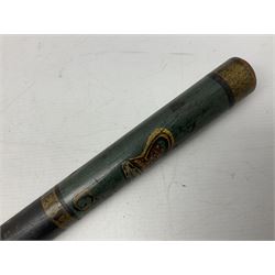 George III black painted turned oak truncheon of plain tapering form the head decorated in polychrome and gilt with a crown G III R No.3 and the motto 'Deu(sic) Et Mon Droit' L55cm