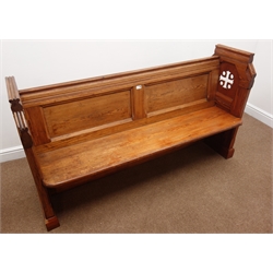  Victorian Gothic revival stained pine pew, panelled back, pierced solid end supports, W165cm, H90cm, D48cm  