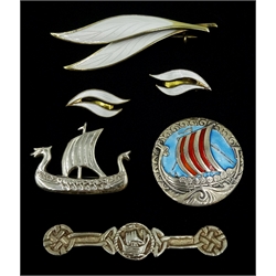 Norwegian silver and enamel Viking ship boat by Andresen & Scheinpflug, silver-gilt leaf brooch by N.M. Thune , similar pair of earrings by Aksel Holmsen, silver Viking ship by Ola M Gorie and one other silver brooch