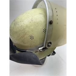 German fireman's helmet, circa 1950/60s, with visor and leather neck guard with leather lining marked 56-61