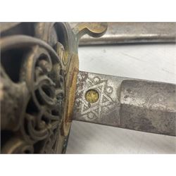 Victorian British Army officer's sword by Hobson & Sons Little Windmill Street London, the 82cm fullered steel blade etched with crowned Victoria cypher and 'HM 1st West York R.V.', lined gilded brass three-bar hilt incorporating Victoria cypher and wire-bound fish skin grip with plaited knot; in steel scabbard with two hanging rings L99cm overall