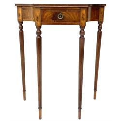 Regency style side table, concave canted form with yew wood band and inlaid panels, fitted with single drawer, turned and reeded tapering supports, transfer label on rear 