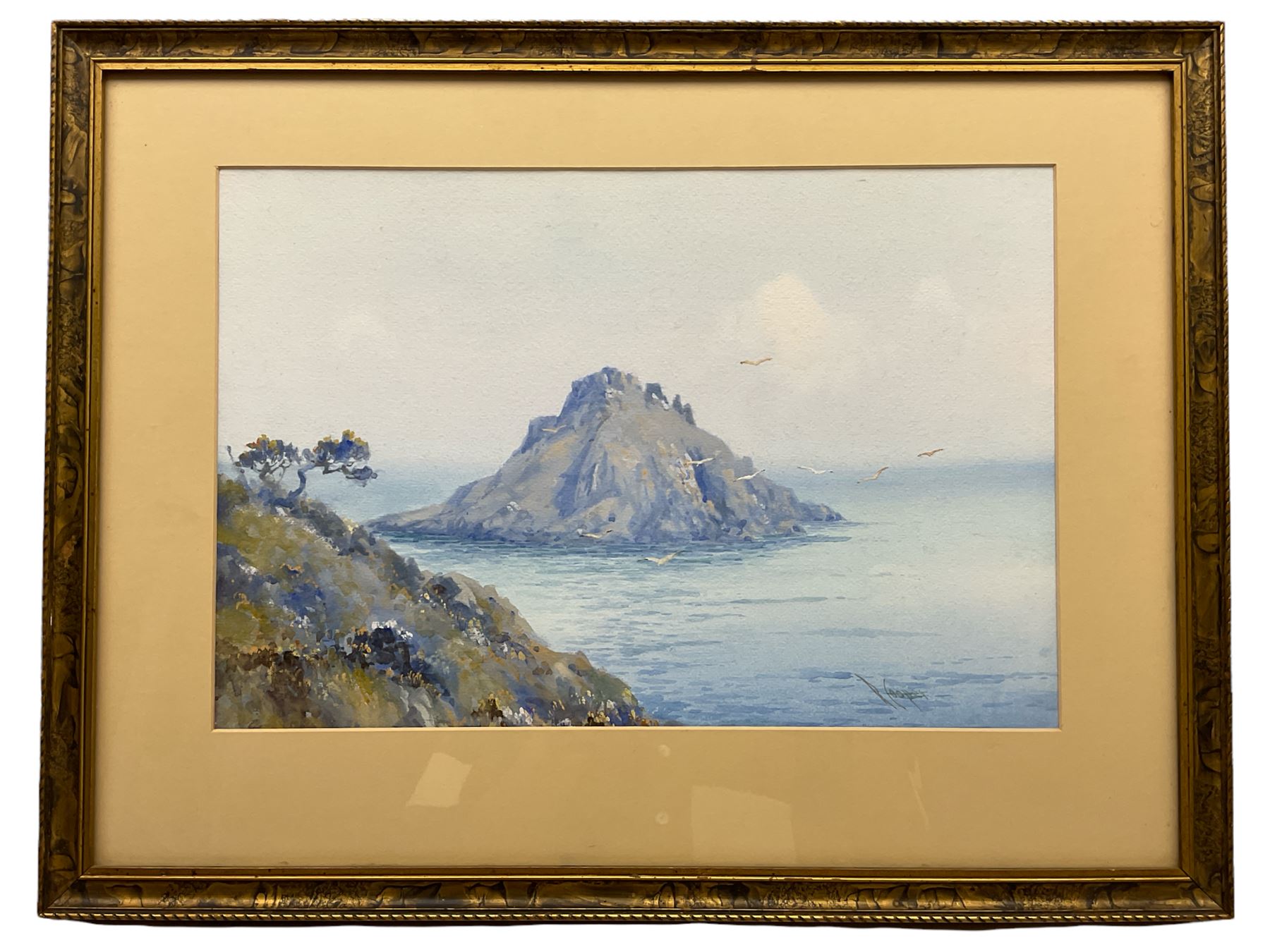 Reginald Cooper (British 20th century): Seagull Island, watercolour and gouache signed, labelled verso 25cm x 37cm