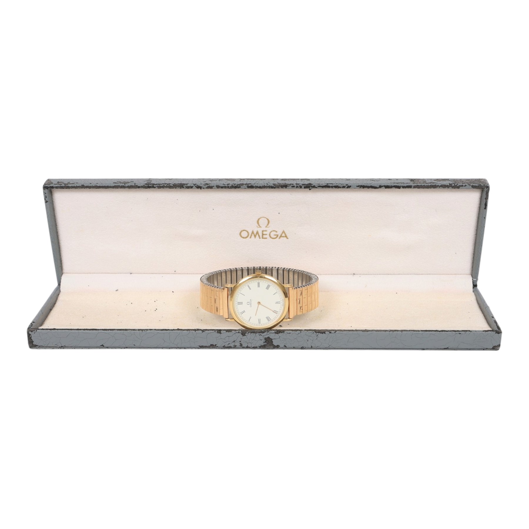 Omega De Ville gentleman's gold-plated and stainless steel quartz wristwatch, Ref. 195.0075.2, white dial with Roman numeral hour markers, on expanding gilt strap, with Omega buckle, boxed