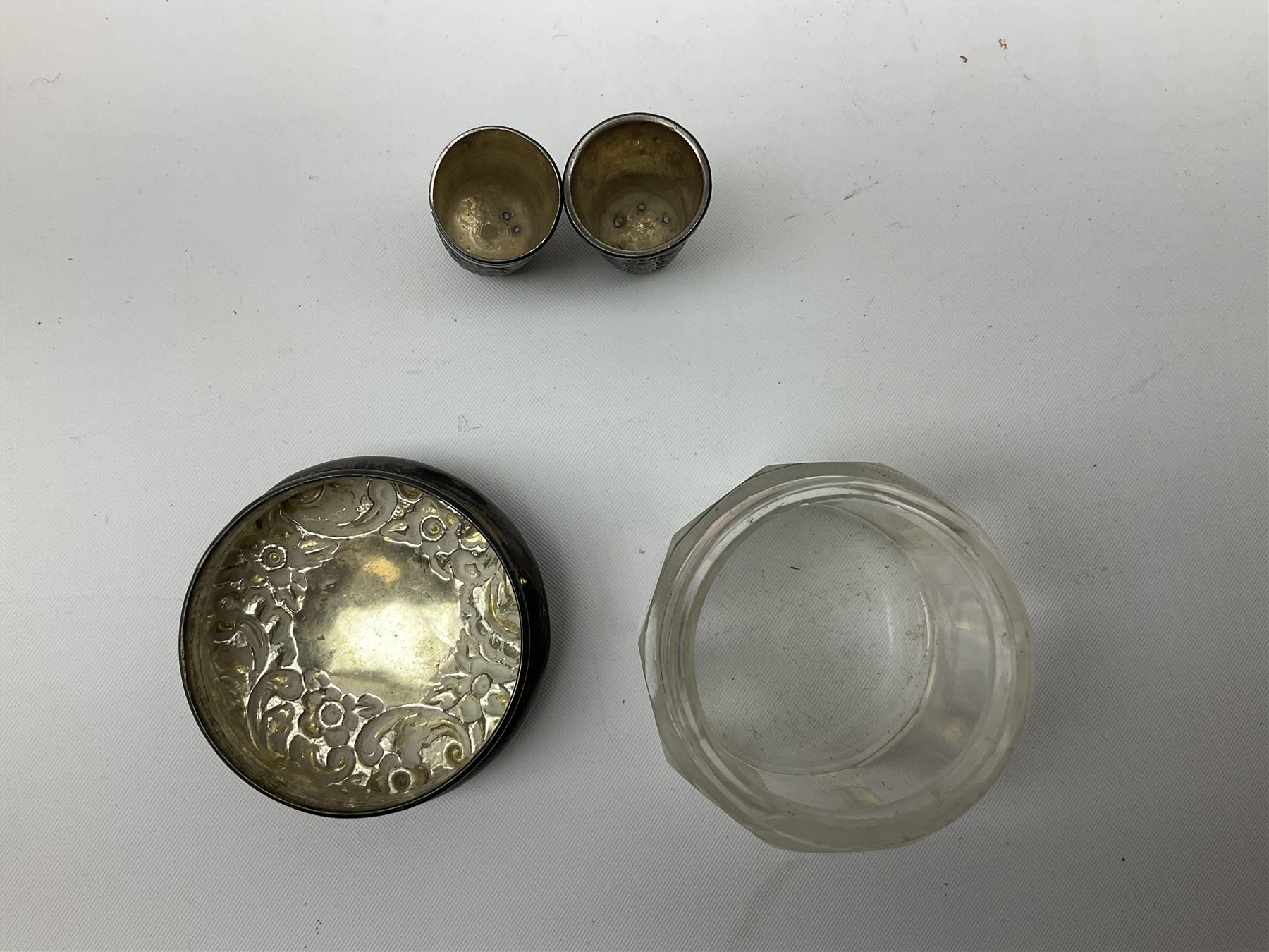 1930's silver lobster pick, hallmarked Birmingham 1936, two Victorian silver thimbles, glass dressing table jar with silver cover, part babies rattle with bone teething ring, approximate weighable silver (not including glass or rattle) 45.3 grams