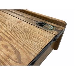 Early 20th century school desk, pine and cast iron, two sectional with hinged lids, the irons marked ‘Addision Ltd.’