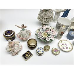 Royal Dux woman with conch shell centrepiece, Dresden lace figure and two similar, crested ware to include 'We Kept the home fires burning Till the boys came home', other boxes including Wedgwood Jasper ware and Royal Albert example, other various ceramics etc 