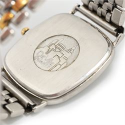 Omega gentleman's stainless steel quartz wristwatch, white dial with Roman numeral hour markers, on stainless steel bracelet and one other gold-plated and stainless steel, Ref. 1378, champagne dial with dot markers
