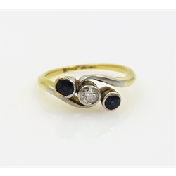  Sapphire and diamond three stone gold ring stamped 18ct  