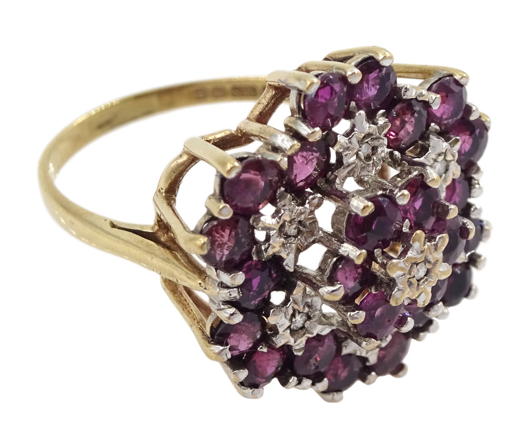 9ct ruby and diamond  flower cluster ring, Birmingham 1980
