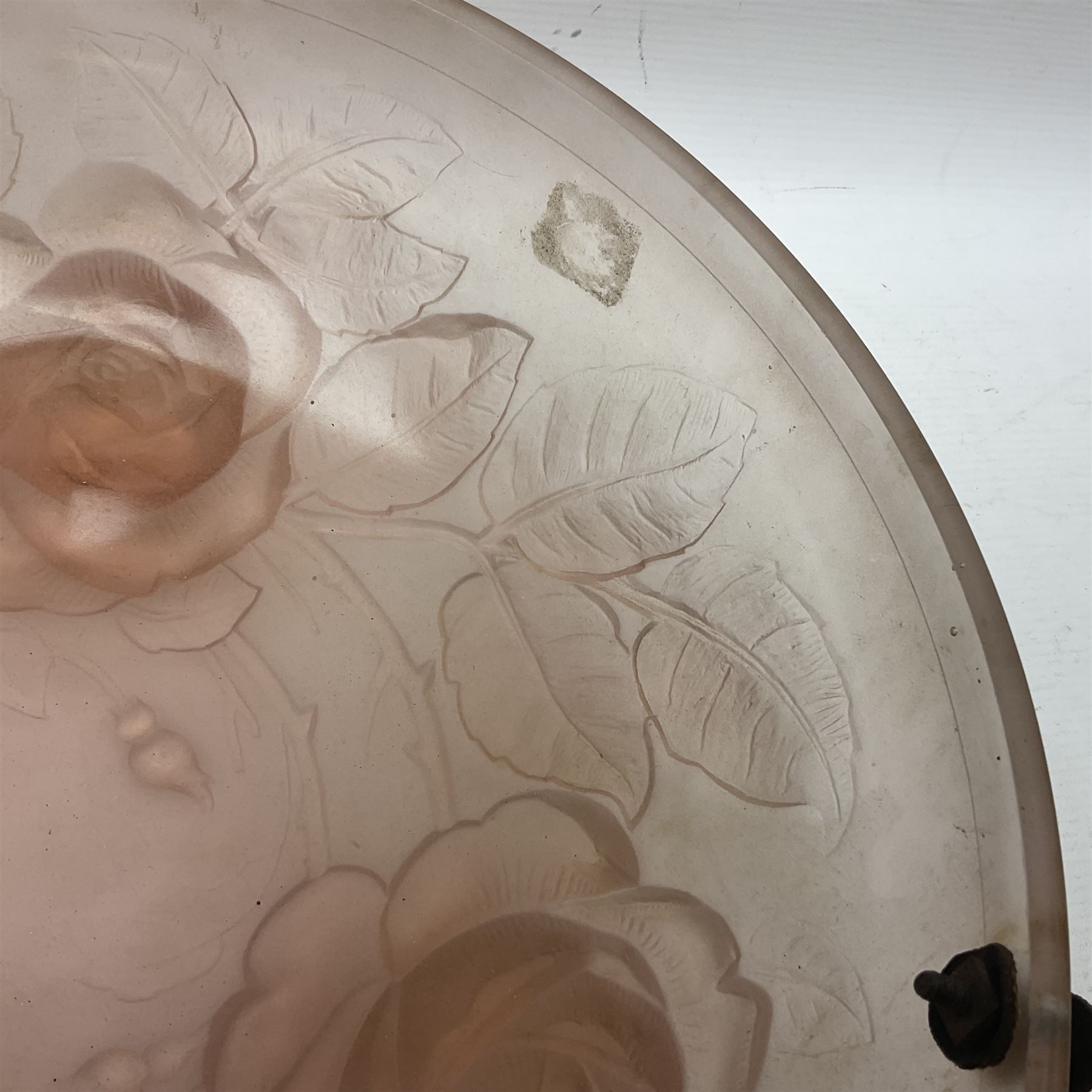 1930s pink frosted glass ceiling light shade, decorated with roses, D
