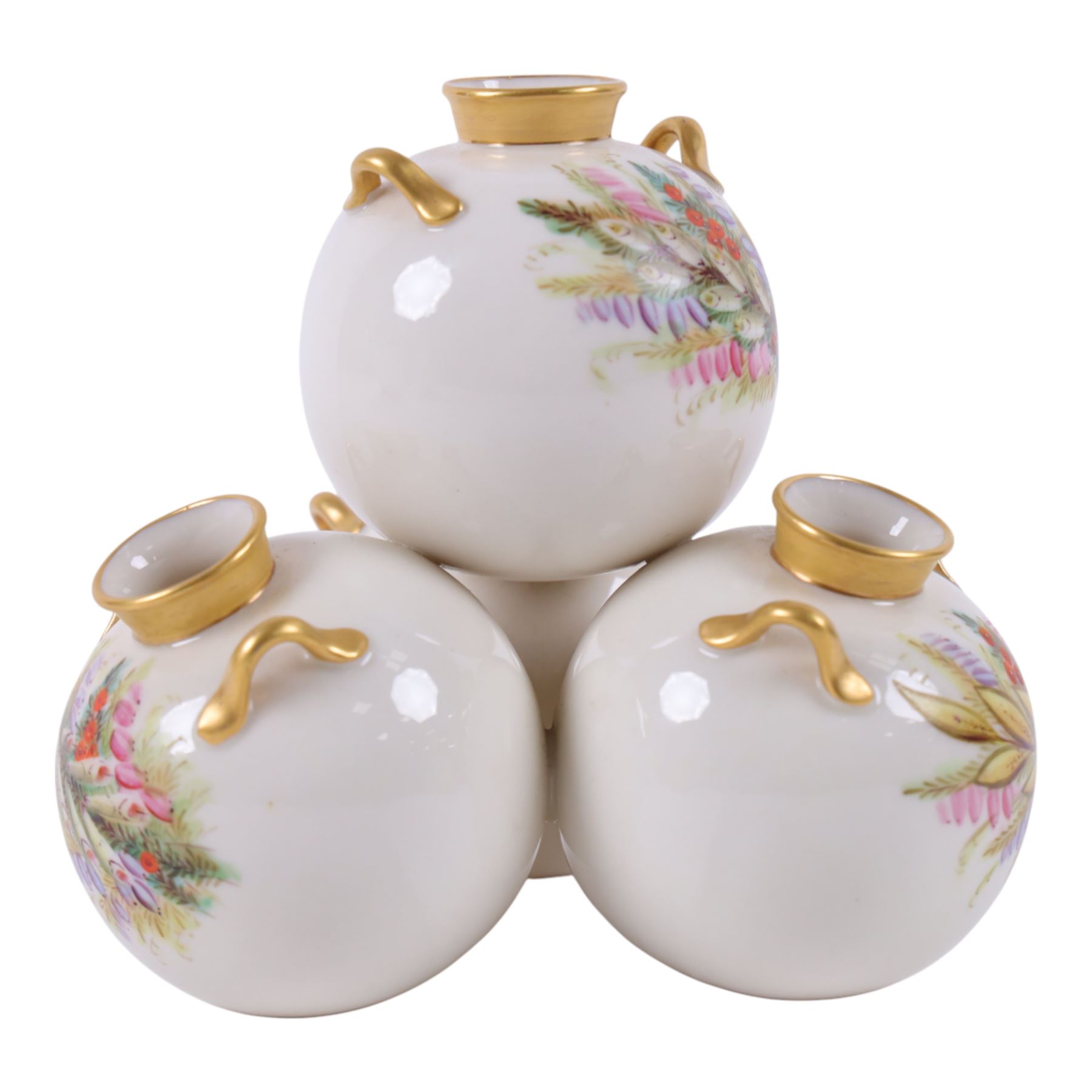 Royal Worcester spill vase, consisting of four conjoined bulbus vases, each hand painted with floral sprigs, with gilt handles and rims, with puce mark beneath, H15cm