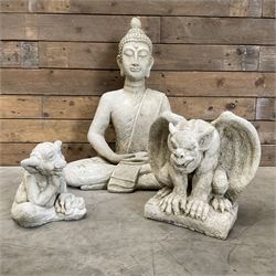 Composite garden Buddha figure and two gargoyle figures (3)