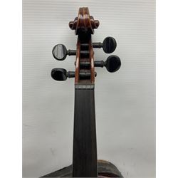 German trade violin 1950s with 36cm two-piece maple back and ribs and spruce top, bears label 'Johann Stainer in Absam prope Oenipontum 1650' L59cm; in carrying case with bow impressed Tourte