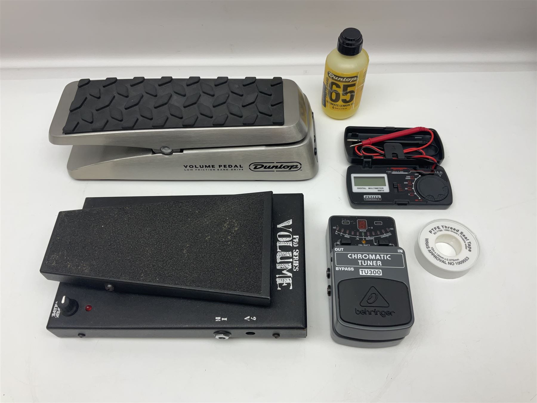 Dunlop Volume Pedal, Morley Pro Series Volume pedal, Behringer TU300 Chromatic Tuner, Sealey Digital multimeter etc; in Antler carrying case