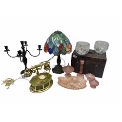 Astral Artistic onyx dial phone, together with Tiffany style table lamp, metal five armed candelabra and other household items. 