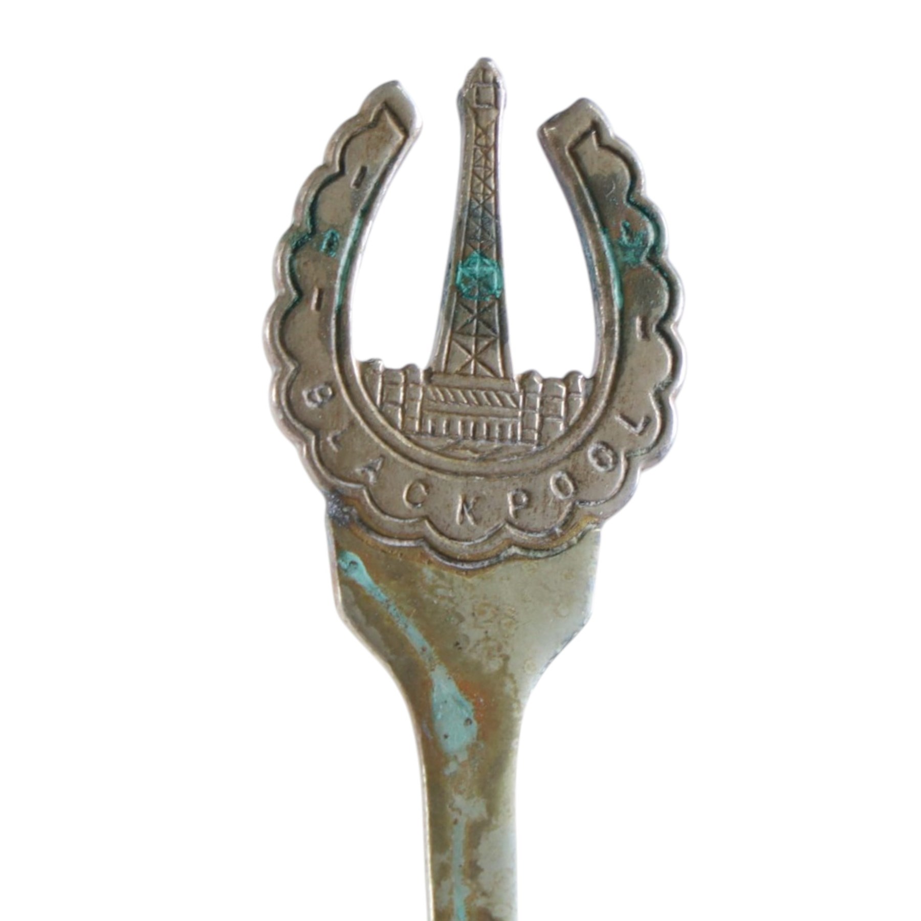 Silver dessert spoon, silver souvenir spoon, silver handled fish knife and two silver napkin rings, together with a collection of silver plated cutlery