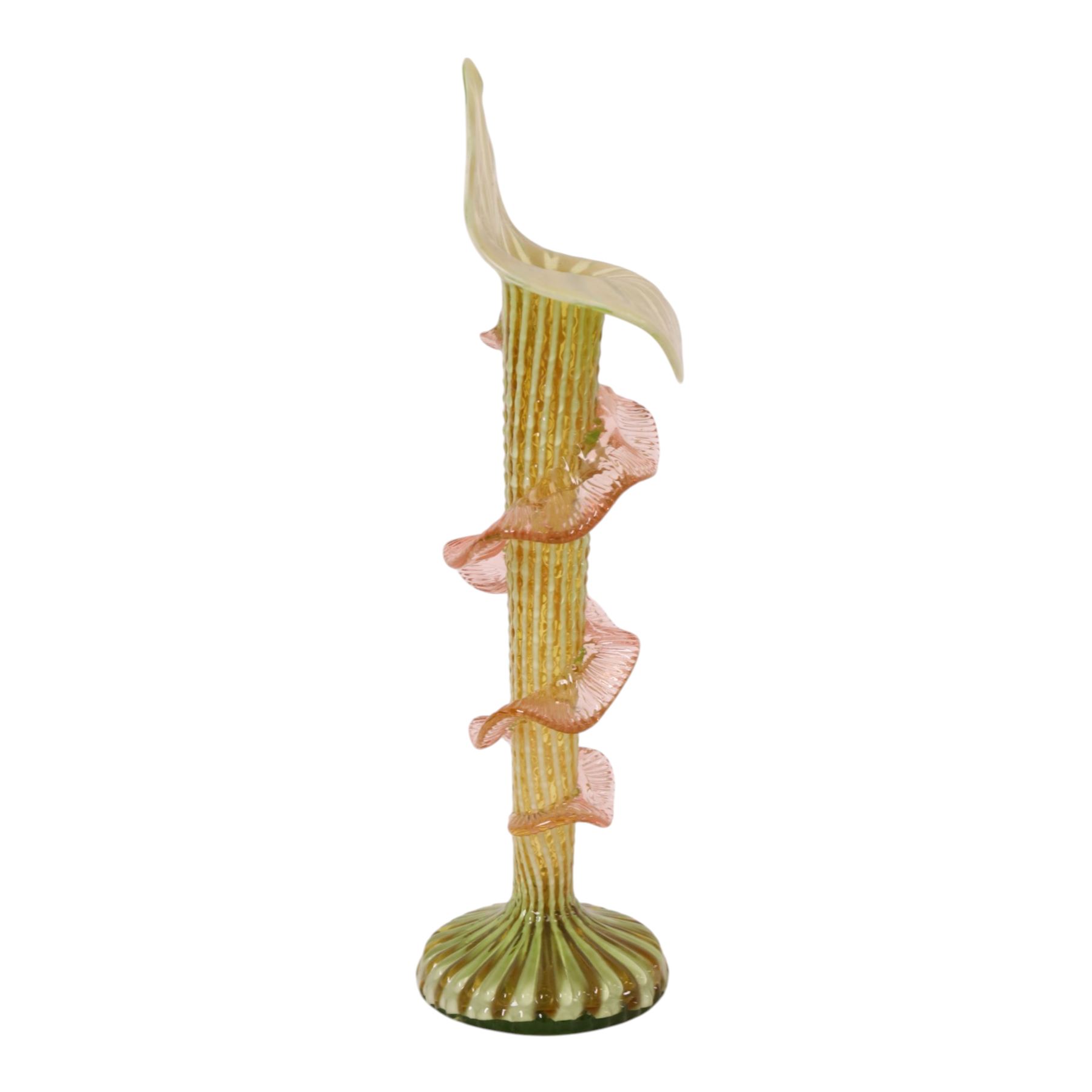 Victorian Jack in the Pulpit Vaseline glass vase, in shades of green and pink, H32cm