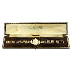 Longines 9ct gold 1950's ladies manual wind bracelet wristwatch, No. 8741170 hallmarked, boxed