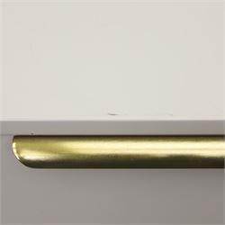 Made.com - 'Ebro' grey four drawer chest, gold painted metal shaped handles, rounded corners with fluted detail, raised on gold painted metal tapered supports