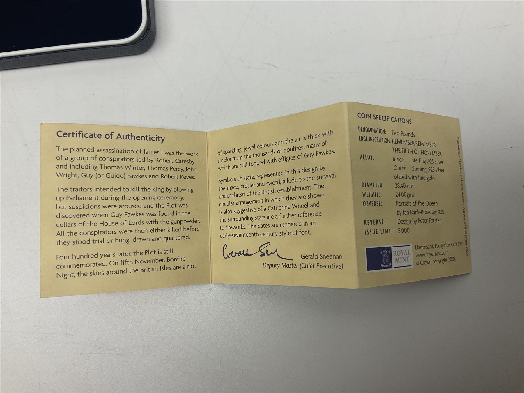 The Royal Mint United Kingdom 2005 ''400th Anniversary of the Gunpowder Plot' silver proof piedfort two pound coin, cased with certificate