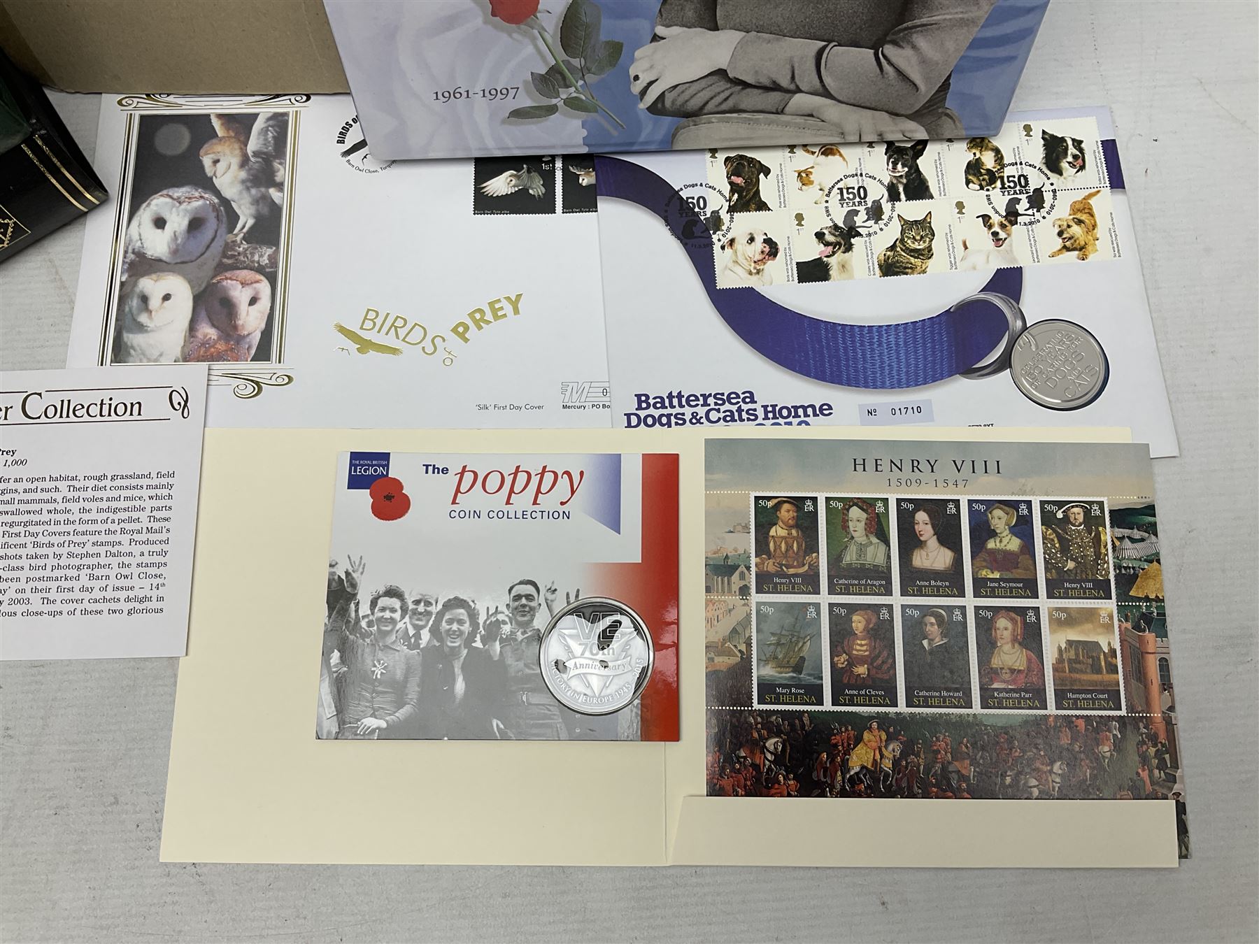 Stamps including first day covers relating to Diana Princess of Wales, small number of coin covers, Mercury 'Silk' covers, other first day covers many with printed address and special postmarks, Australia, Barbados, British Honduras, Germany, Jamaica and other World stamps, housed in albums, folders and loose, in one box