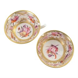 Coalport teawares, circa 1820-1840, comprising set of four trios, coffee cups, teacups and saucers, and slop bowl, decorated in the 830 pattern, with floral sprays and gilt shaped reserves, two further coffee cups and saucers, decorated with floral sprays upon blue grounds/with blue borders, and a similar coffee cup