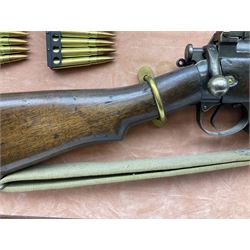 WW2 Lee Enfield No.4 Mk.1 .303 bolt-action rifle with hinged butt compartment, made by SA Ltd., Long Branch, Canada 1942, serial no.5L0646 L113cm; mounted on a framed display board with No.4 Mk.II spike bayonet, No.9 Mk.1 blade bayonet, two inert 5-round clips and brass biographical plaque by Antler Military Originals detailing DA Cert No.C3444 OLD STYLE DEACTIVATION SO FIREARMS CERTIFICATE REQUIRED OR RFD