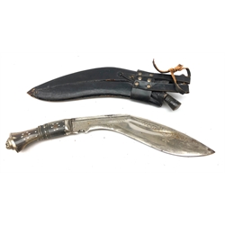  Kukri Knife, 28cm curved blade dot prick decorated with scrolls and India, shaped horn grip with nailed decoration and lions head pommel, L38.5cm, in black leather sheath with hanger  