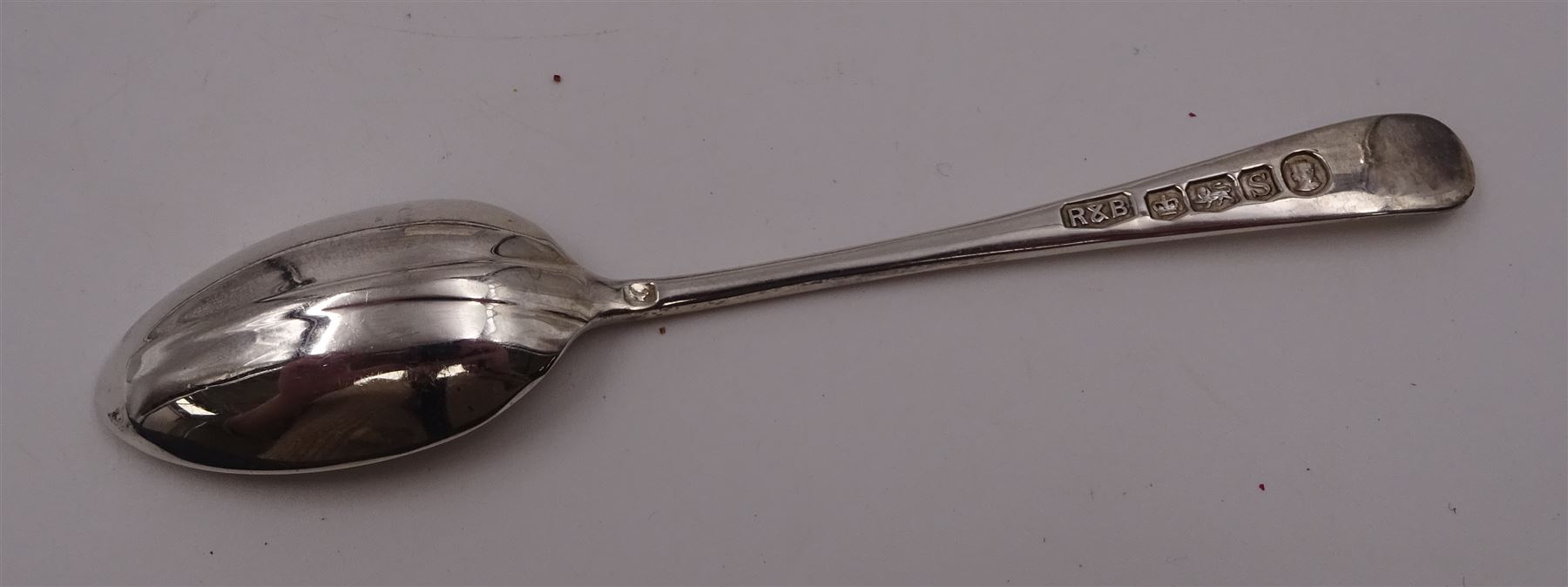 Set of six 1930s silver 'British Hallmarks' spoons by Roberts & Belk Ltd, each depicting a different British hallmark, dated 1935, in fitted case