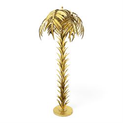 Manner of Maison Jansen - Large gilt metal floor standing standard lamp in the form of a palm tree, large foliage shade over twin branch lights and a leafy , on circular base