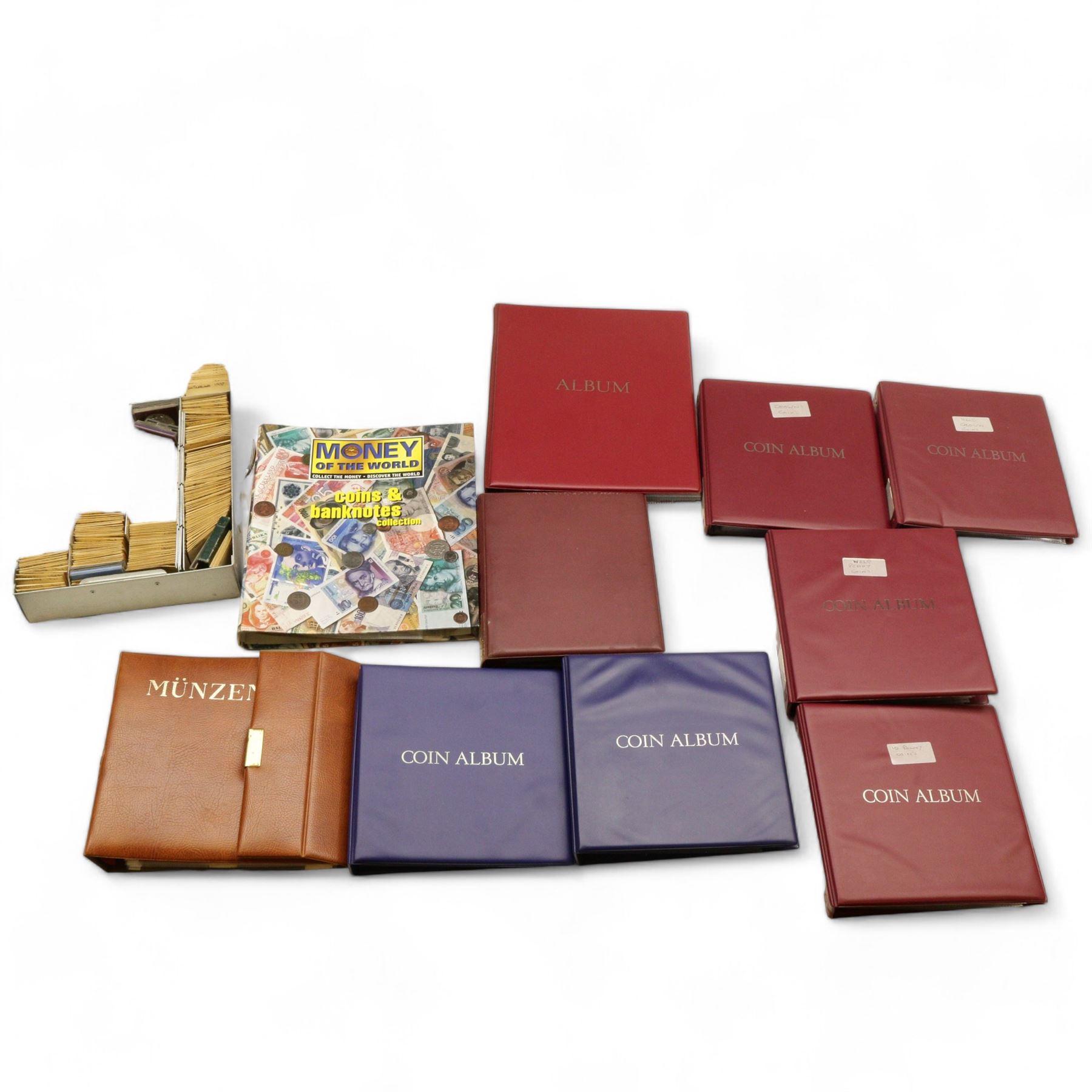 Great British and World coins, including pre-decimal halfcrowns, two shillings etc, decimal old style large five pence pieces, German pre-Euro coinage with 1972 and 1987 ten deutsche mark coins etc, housed in ten ring binger folders and a metal hinged top box