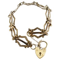 9ct gold fancy gate link bracelet, with heart locket clasp, hallmarked