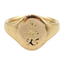 Early 20th century 18ct gold signet ring, with engraved decoration, Chester 1912