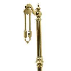  Large set of 19th century brass Apothecary Scales on mahogany single drawer base W56cm and a pair of 19C turned wood altar candlesticks