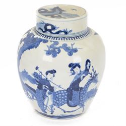 Late 19th century Chinese blue and white ginger jar, of ovoid form with flat topped circular cover, the body decorated with a geisha on reindeer with attendant in a landscape setting, with apocryphal Kangxi mark beneath, H24cm