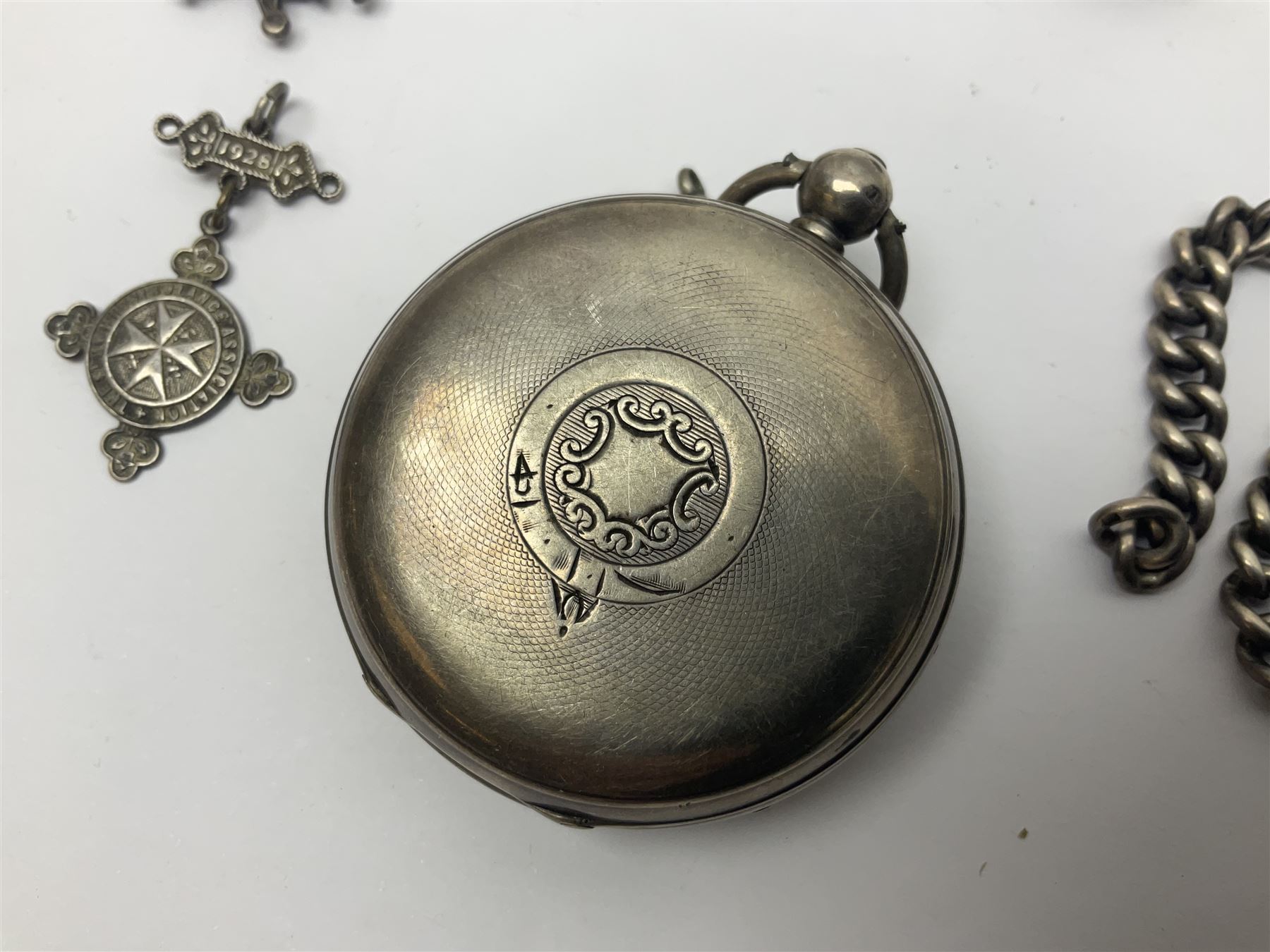 Edwardian silver open faced lever pocket watch, with subsidiary seconds dial, by WE Watts Nottingham, hallmarked William Ehrhardt, Birmingham 1906, together with a silver Albert chain, silver tiger's eye unicorn fob, and a silver vesta case with double sided fob, all hallmarked 
