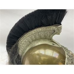 French Model 1913 mounted gendarmerie helmet; brass bodied with nickel mounts, chin strap, comb and horse-hair H27cm (no liner)