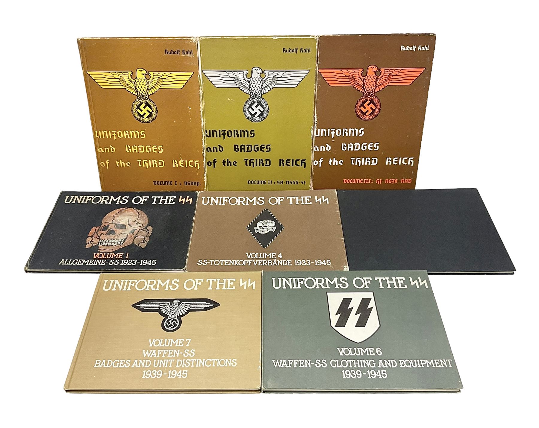 Military Collectors Service: set of three books on WWII German uniforms and badges; and Mollo Andrew: Uniforms of the SS. Volumes 1,4,5,6 & 7 (8)