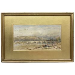 Thomas Danby (British 1818-1886): Herding Cattle by Bridge, watercolour signed 20cm x 37cm