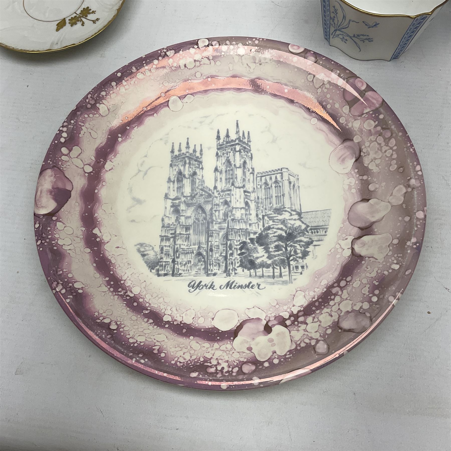 Collection of Victorian and later ceramics to include Gray's Pottery Sunderland lustre York Minister plate, Limoges M. Bishop tea service for one, ornately decorated with gilt foliate sprays on plain white ground, no 2350, Wedgwood no y2715 blue and white sucrier and jug, Chinese blue and white dish with gilt banding,