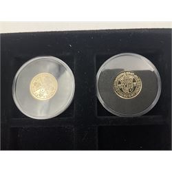 Sixteen hallmarked 9ct gold replica coins from 'The Historic Coins Of Great Britain Museum Gold Collection', housed in a Westminster display case, overall weight approximately 51.3 grams