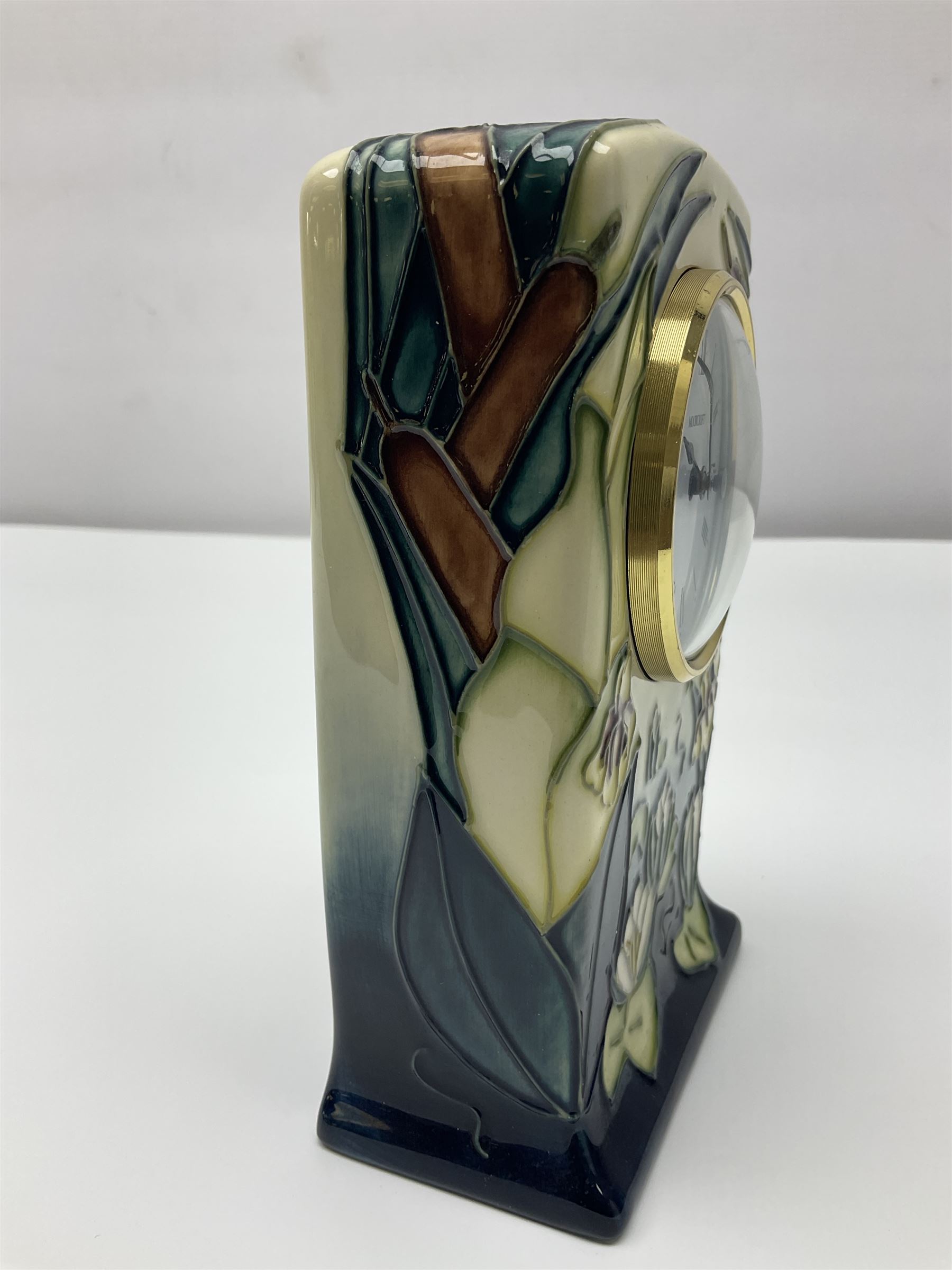 Moorcroft mantel clock, decorated in Bulrush and Water Lily pattern, with impressed and printed marks beneath, H15.5cm