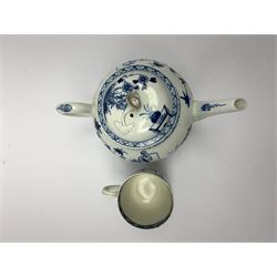 18th Century Worcester teapot, circa 1765-70, decorated in the Bird in the ring pattern, the cover with bud finial, with crescent mark beneath, H13cm, together with a Worcester coffee cup decorated in the same pattern, with crescent mark beneath, H6.5cm