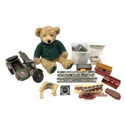 Action Man combination motorcycle and sidecar; Harrods 1998 teddy bear; quantity of Air Ministry switches; model railway layout buildings etc