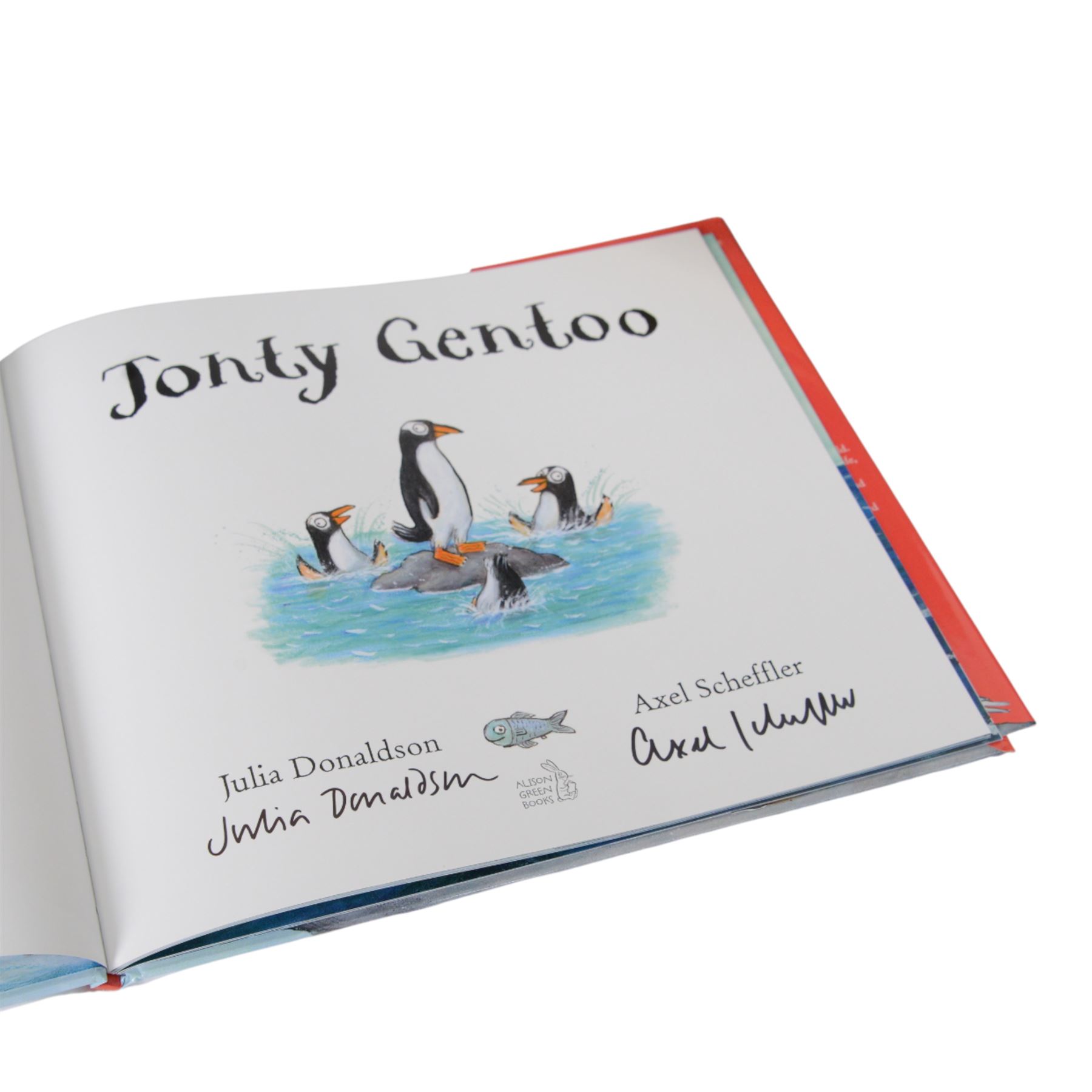 Julia Donaldson and Axel Scheffler books, comprising eleven first editions and four signed copies, including Jonty Gentoo double signed, together with two signed Julia Donaldson book plates and a signed newspaper cutting and one signed Axel Scheffler book plate