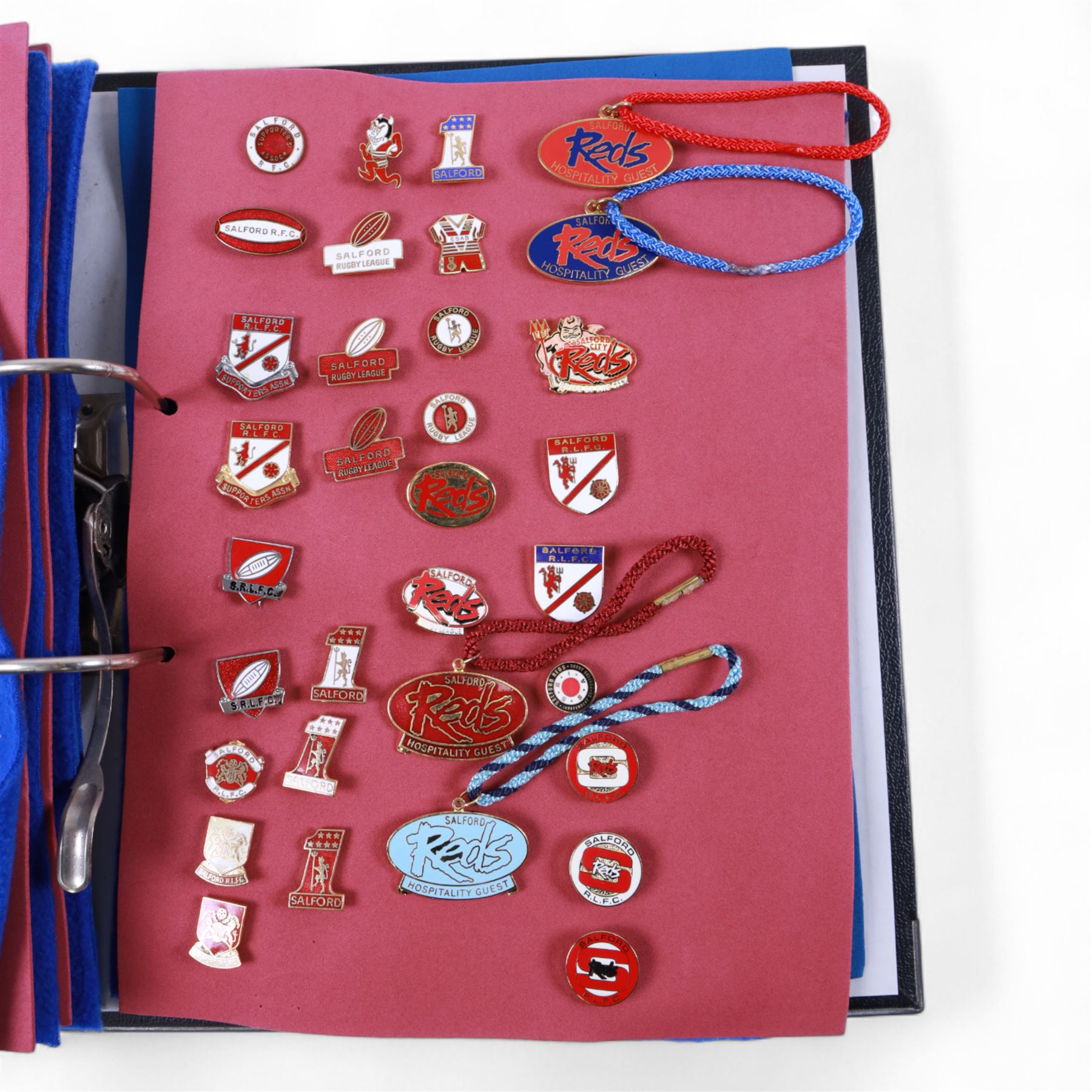 Rugby league enamel badge collection, from Oldham, Rochdale Hornets, St Helens, Salford, Sheffield Eagles, Huddersfield Giants, Hull FC, Hunslet and Keighley Cougars, housed in two folders, (approximately 330)